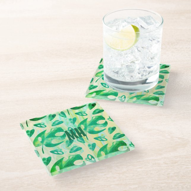 Monogrammed Tropical Green Yellow Monstera Leaf  Glass Coaster (Angled)
