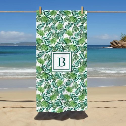 Monogrammed Tropical Palm Leaves Pattern Beach Towel