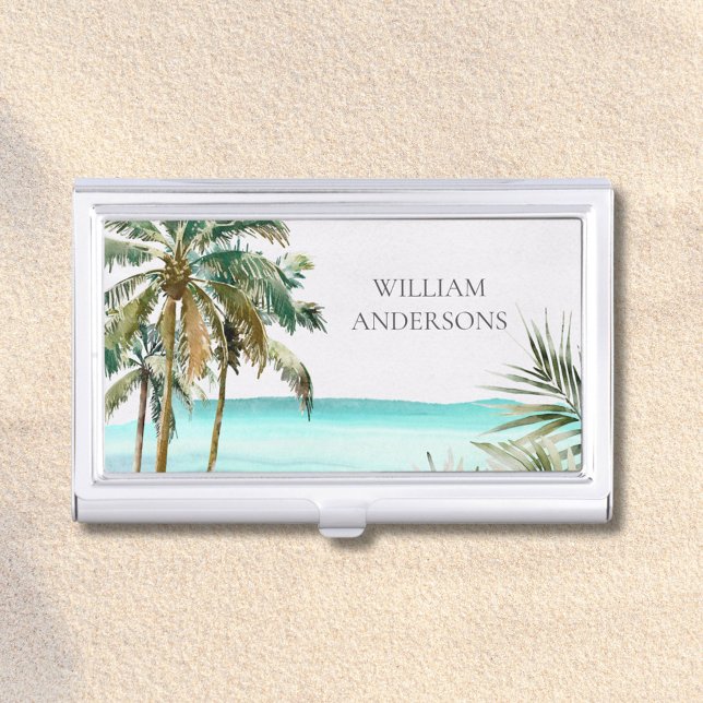 Monogrammed Tropical Palm Tree Leaves Blue Beach Business Card Case (In situ)