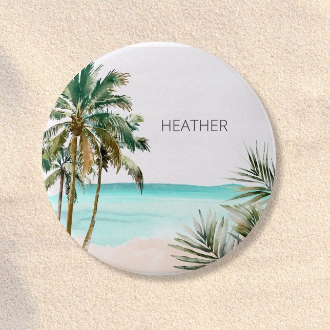 Monogrammed Tropical Palm Tree Leaves Blue Beach Button (Close up)
