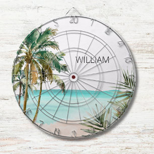 Monogrammed Tropical Palm Tree Leaves Blue Beach Dart Board