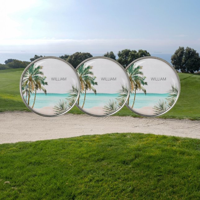 Monogrammed Tropical Palm Tree Leaves Blue Beach Golf Ball Marker (In situ)