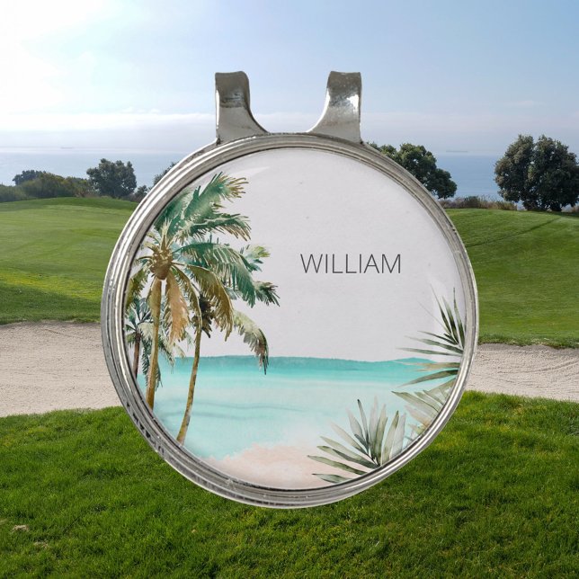 Monogrammed Tropical Palm Tree Leaves Blue Beach Golf Hat Clip (In situ)