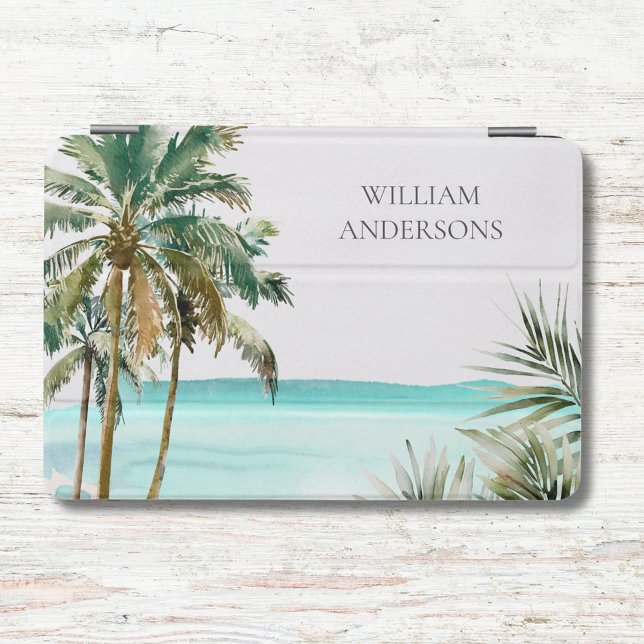 Monogrammed Tropical Palm Tree Leaves Blue Beach iPad Mini Cover (In situ)