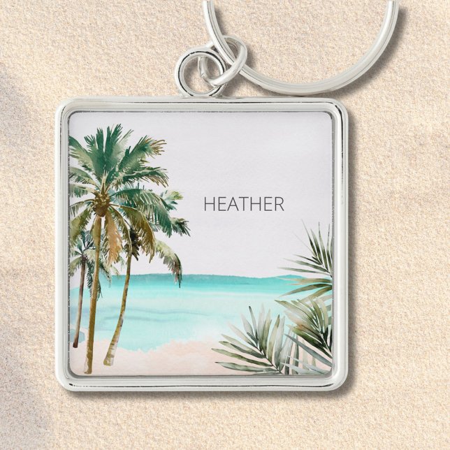 Monogrammed Tropical Palm Tree Leaves Blue Beach Keychain (In situ)