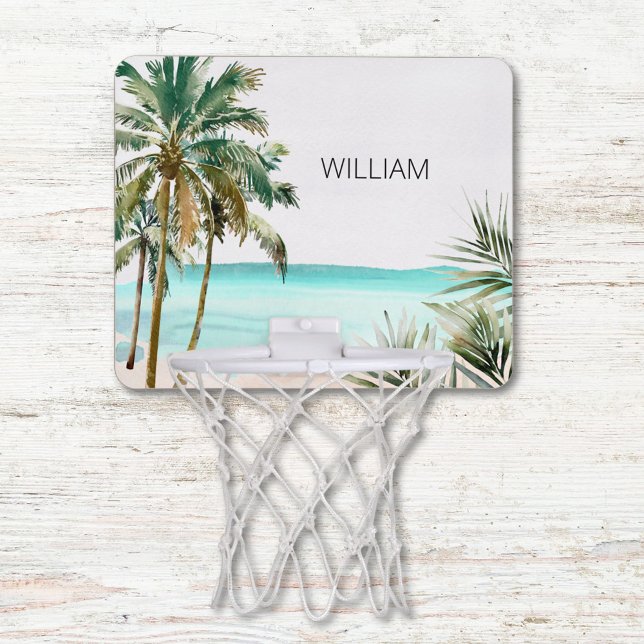 Monogrammed Tropical Palm Tree Leaves Blue Beach Mini Basketball Hoop (In situ)
