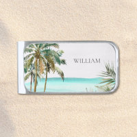 Monogrammed Tropical Palm Tree Leaves Blue Beach