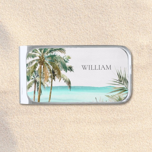 Monogrammed Tropical Palm Tree Leaves Blue Beach Silver Finish Money Clip (In situ)