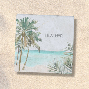 Monogrammed Tropical Palm Tree Leaves Blue Beach Stone Magnet