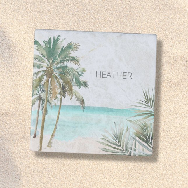 Monogrammed Tropical Palm Tree Leaves Blue Beach Stone Magnet (Close up)
