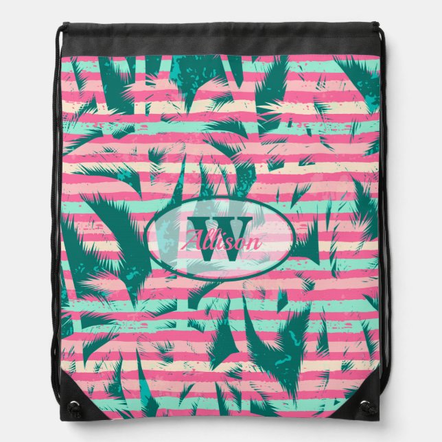 Monogrammed Tropical Palms on Stripes Pattern Drawstring Bag (Front)