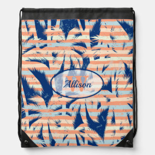 Monogrammed Tropical Palms on Stripes Pattern Drawstring Bag