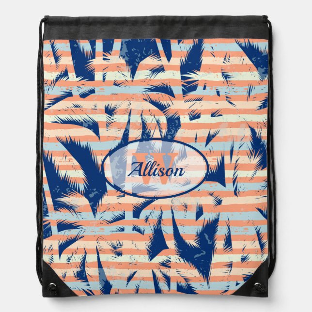 Monogrammed Tropical Palms on Stripes Pattern Drawstring Bag (Front)