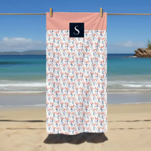Monogrammed Tropical Pink Flamingo Pattern Beach Towel