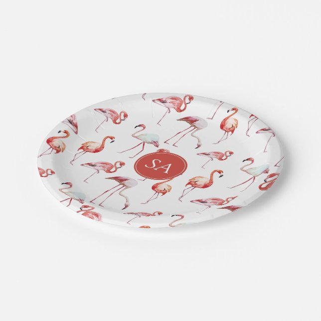 Monogrammed Tropical Pink Flamingo Watercolor Paper Plates (Angled)