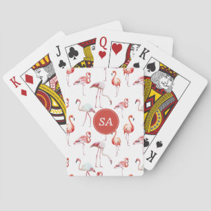 Monogrammed Tropical Pink Flamingo Watercolor Poker Cards