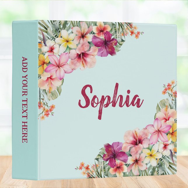 Monogrammed Tropical Pink Flowers Floral Botanical 3 Ring Binder (In situ)