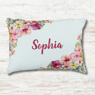 Monogrammed Tropical Pink Flowers Floral Botanical Accent Pillow