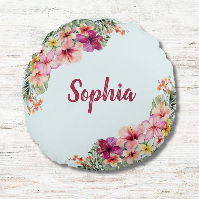 Monogrammed Tropical Pink Flowers Floral Botanical Round Pillow (Close up)