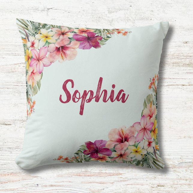 Monogrammed Tropical Pink Flowers Floral Botanical Throw Pillow (Close up)