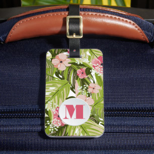 Monogrammed Tropical Plants Floral Pattern Luggage Tag