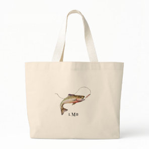 Monogrammed Trout Fishing Large Tote Bag