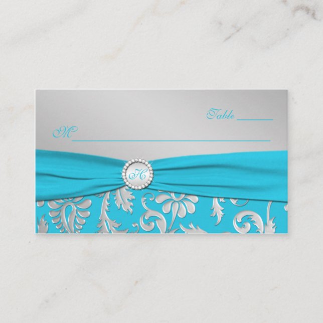 Monogrammed Turquoise and Silver Place Cards (Front)