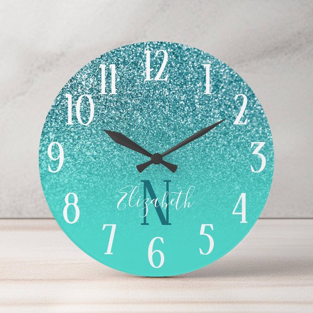 Monogrammed Turquoise and Teal Glitter Ombre Round Clock (Monogrammed Turquoise and Teal Glitter Ombre Round Clock)