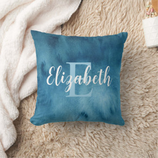 Monogrammed Turquoise Blue Watercolor Abstract Throw Pillow