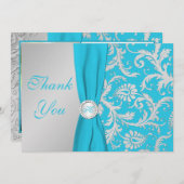 Monogrammed Turquoise, Silver Thank You Card (Front/Back)