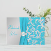Monogrammed Turquoise, Silver Thank You Card (Standing Front)