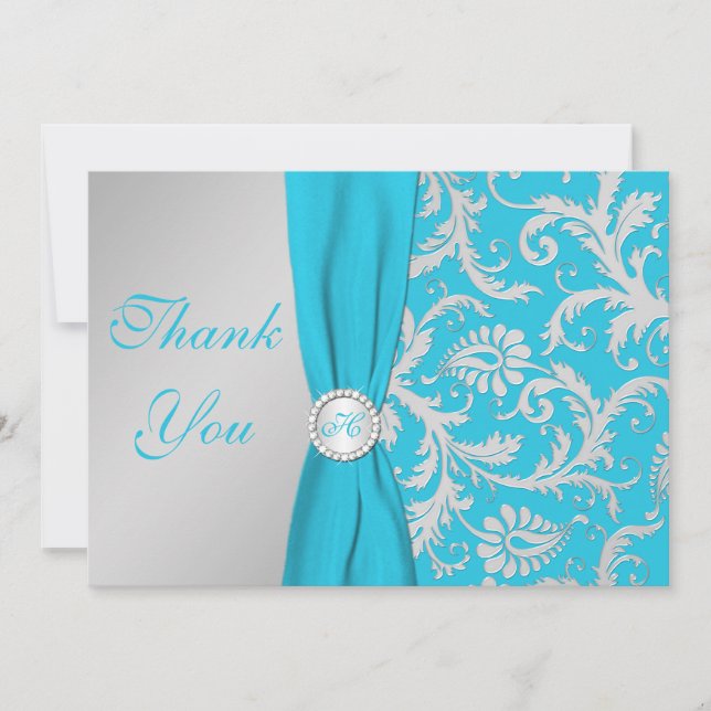 Monogrammed Turquoise, Silver Thank You Card (Front)