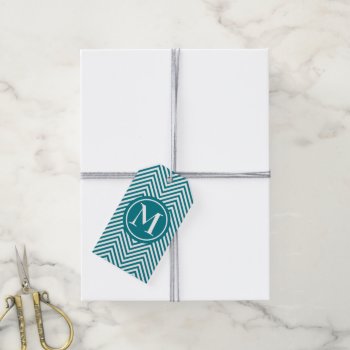Monogrammed Turquoise & White Zigzag Gift Tag by LilithDeAnu at Zazzle
