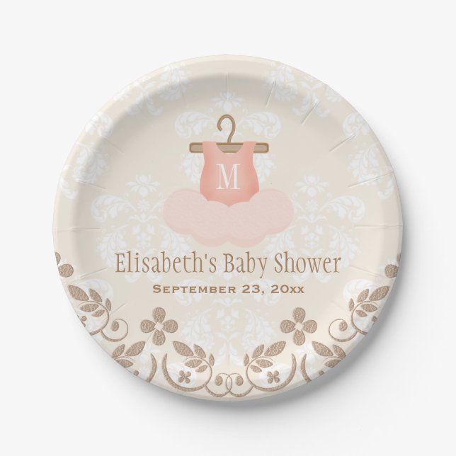 Monogrammed Tutu Ballet Themed Baby Shower Paper Plates (Front)