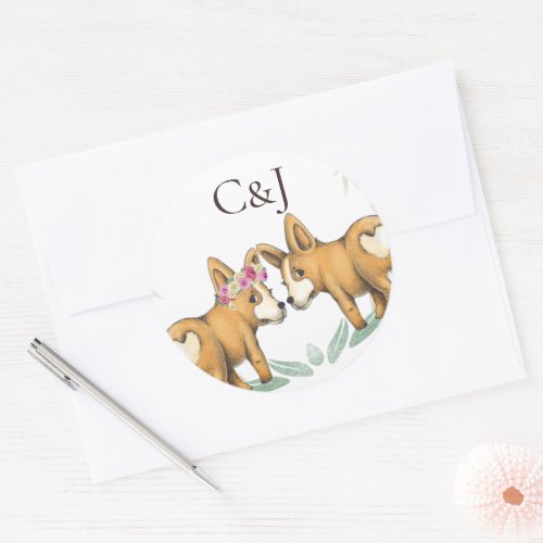 Monogrammed Two Corgi Dogs Wedding Classic Round Sticker