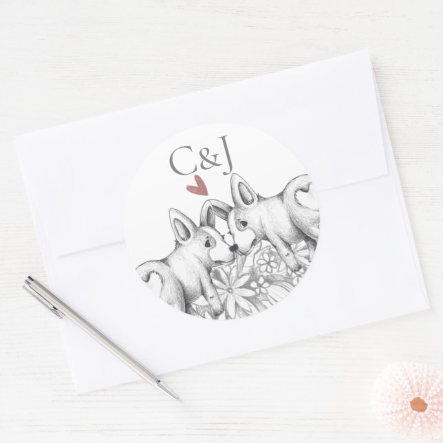 Monogrammed Two Corgi Dogs Wedding Classic Round Sticker (Envelope)