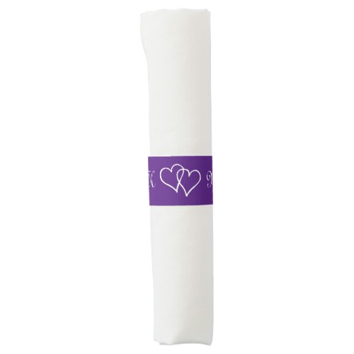 Monogrammed two heart purple wedding napkin bands