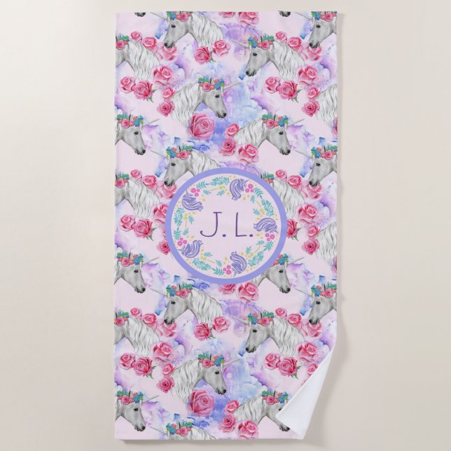 Monogrammed  Unicorns and Roses Beach Towel (Front)