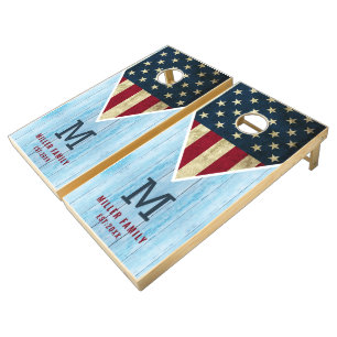 Monogrammed USA American Flag Name Blue Wood Cornhole Set