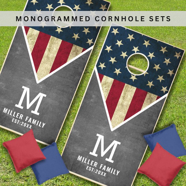 Monogrammed USA American Flag Name Chalkboard Cornhole Set (Monogrammed USA American Flag Name Chalkboard Cornhole Set)