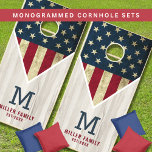 Monogrammed USA American Flag Name Rustic Wood Cornhole Set