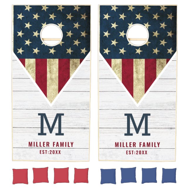 Monogrammed USA American Flag Name White Wood   Cornhole Set (Set)