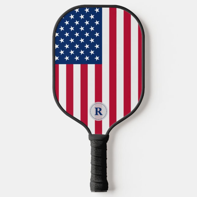 Monogrammed USA Flag Stars and Stripes Pickleball Paddle (Front)