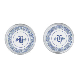 Monogrammed Vintage Blue & White Cufflinks