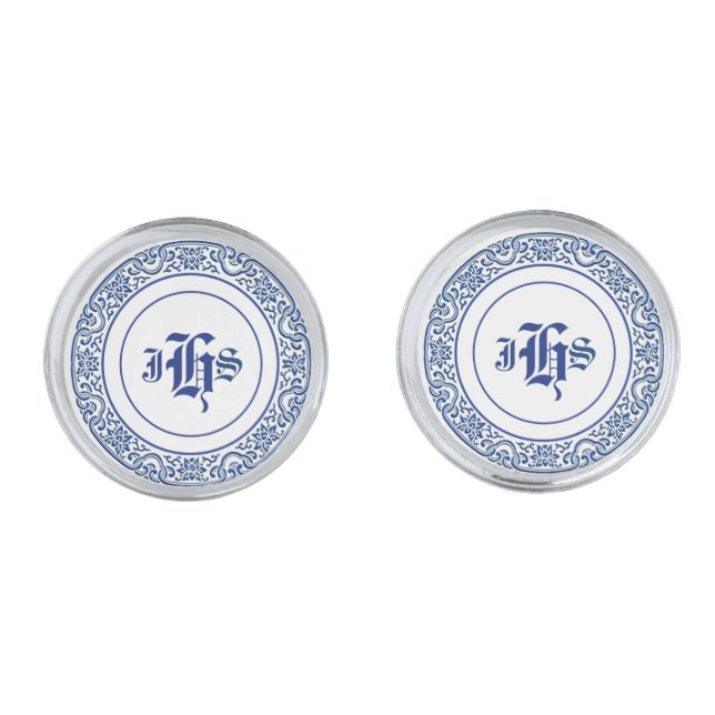 Monogrammed Vintage Blue & White  Cufflinks (Front)
