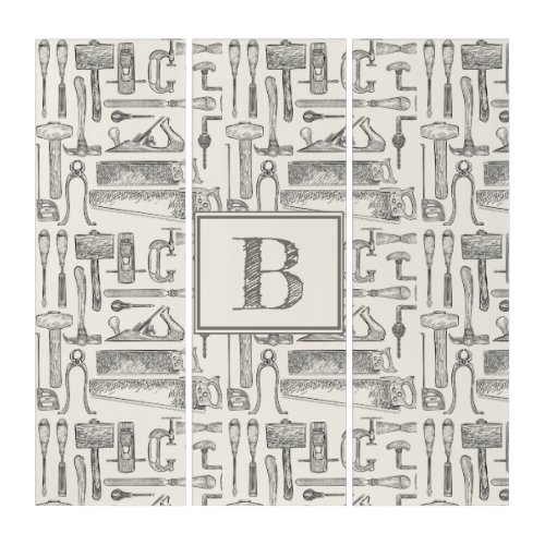 Monogrammed Vintage Carpenter Tools Rustic Gray Triptych