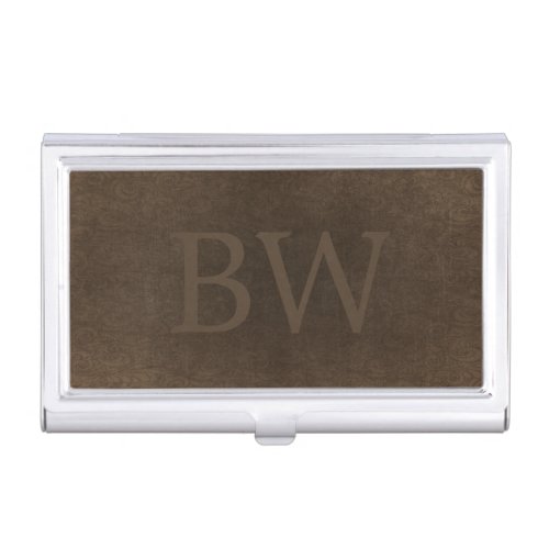 Monogrammed vintage elegant brown leather look business card case
