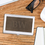 Monogrammed vintage elegant brown leather look business card case<br><div class="desc">Vintage distressed brown leather looking business card holder for him.           Personalize it with name initials and contact details on both sides!         It can make a great gift for a father,  grandfather,  husband,  or best friend on birthday,  Father's Day,  Christmas,  or any other special occasion.</div>