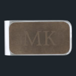 Monogrammed vintage elegant brown leather look silver finish money clip<br><div class="desc">Vintage distressed brown leather looking money clip for him.           Personalize it with name initials and contact details on both sides!         It can make a great gift for dad,  grandpa,  husband,  or best friend on birthday,  Father's Day,  Christmas,  or any other special occasion.</div>
