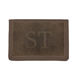 Monogrammed vintage elegant brown leather look trifold wallet